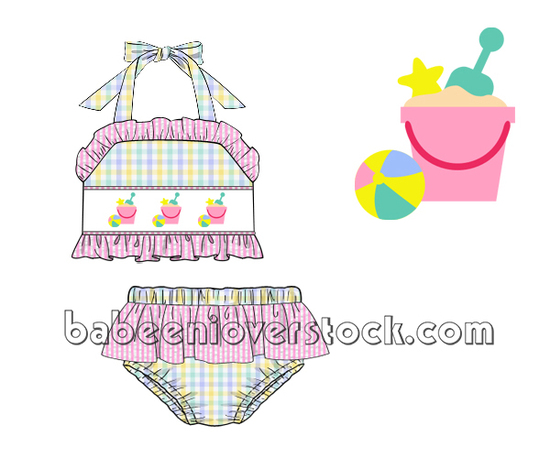 Cute girl two pieces smocked swimwear - BB1177